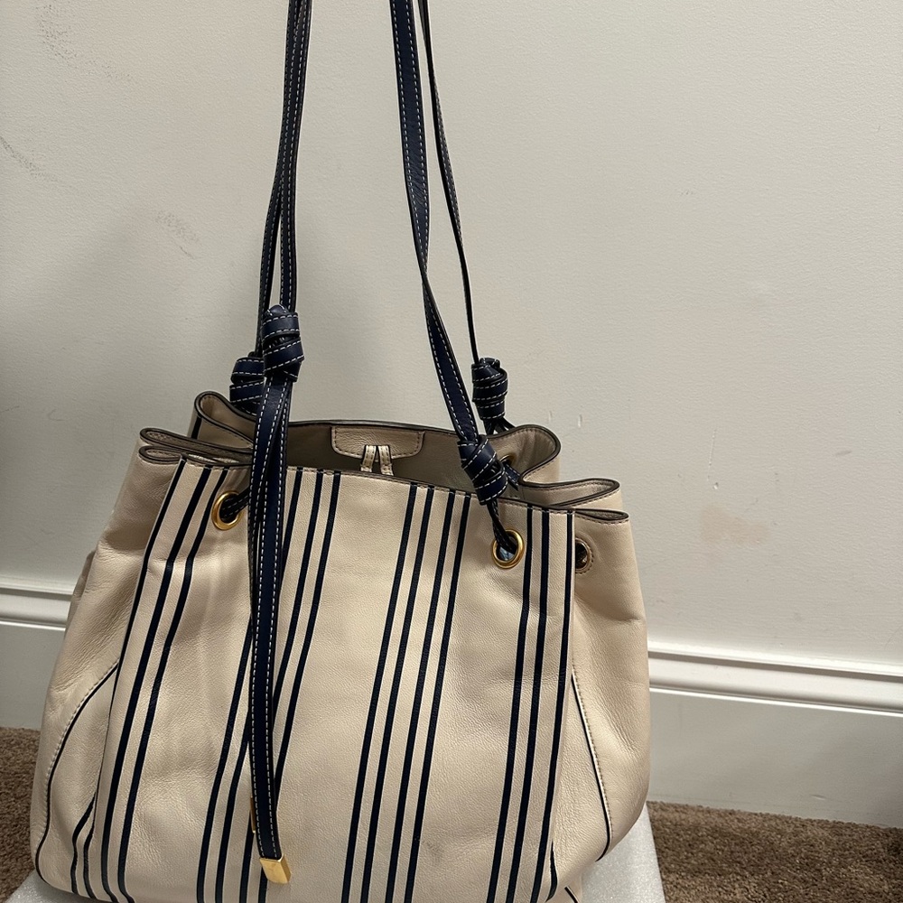 Tory Burch Cream and Navy Striped Drawstring Bucket Shoulder Bag - Picture 9 of 13